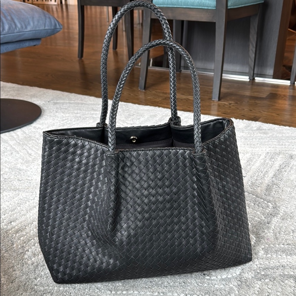 Sophisticated Black Woven Vegan Leather Tote